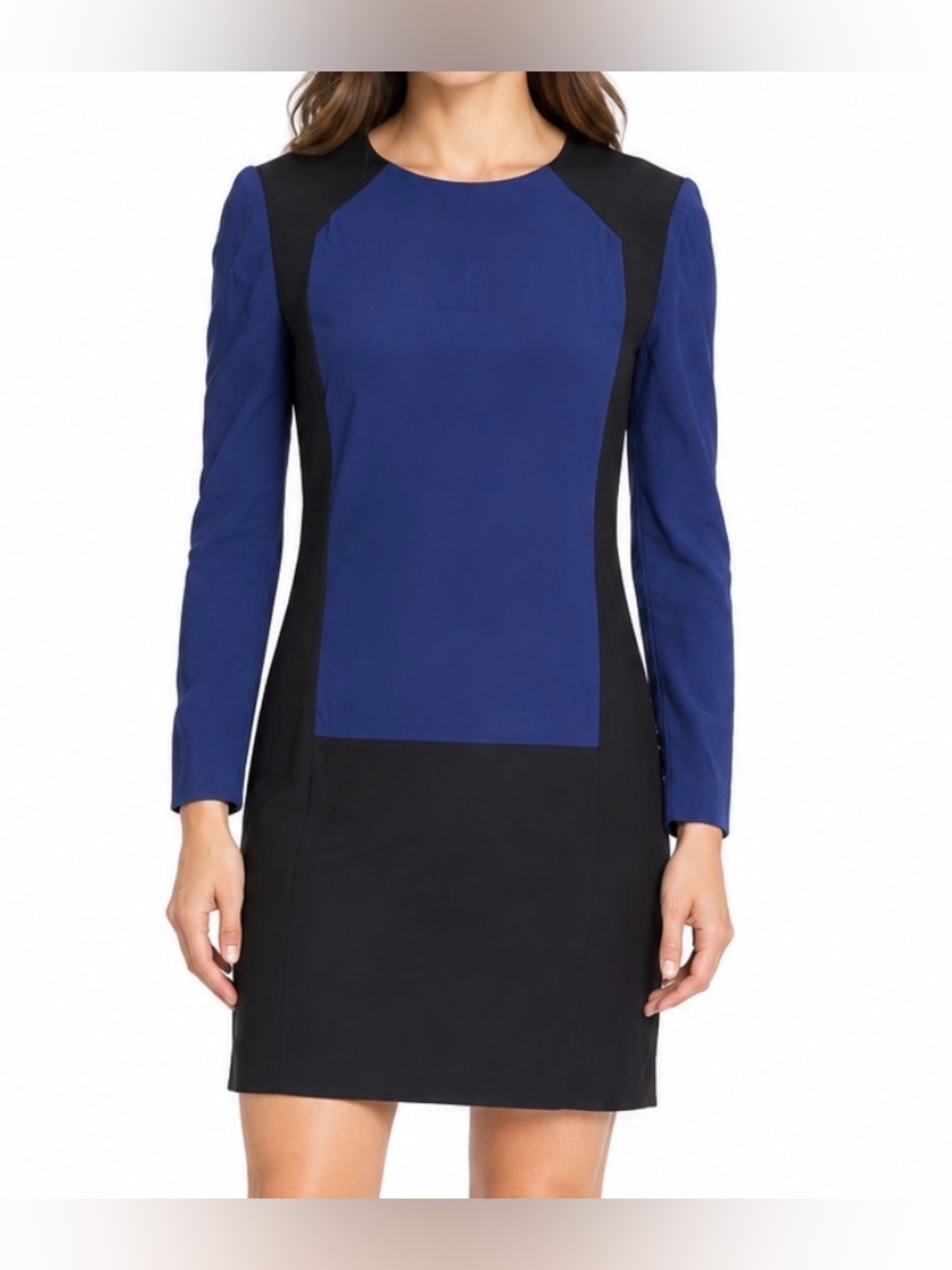 Sandro Blue Black Colorblock Long Sleeve Shift Dress Size Small